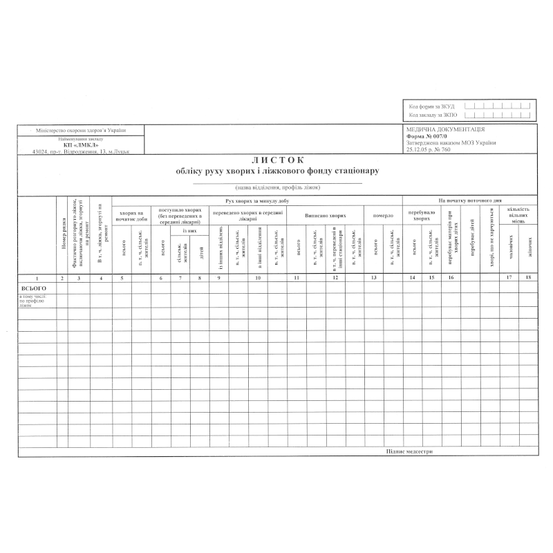 Бланк Листок обліку руху хворих і ліжкового фонду...(ф.007/о), А4, 1+1, 1 арк.